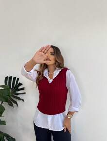 V-Neck Braided Knit Sweater Vest - Đỏ - Xem 4