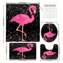 4pcs Glittering Rhinestone Flamingo Pattern Shower Curtain Set, Waterproof Bathroom Partition Curtain With 12 Hooks, Non-Slip Bath Mat, Toilet U-Shaped Pad, Toilet Seat Cover Pad, Decorative Bathroom Set, Bathroom Accessories Home Bathroom Decor Fall Decor Back To School