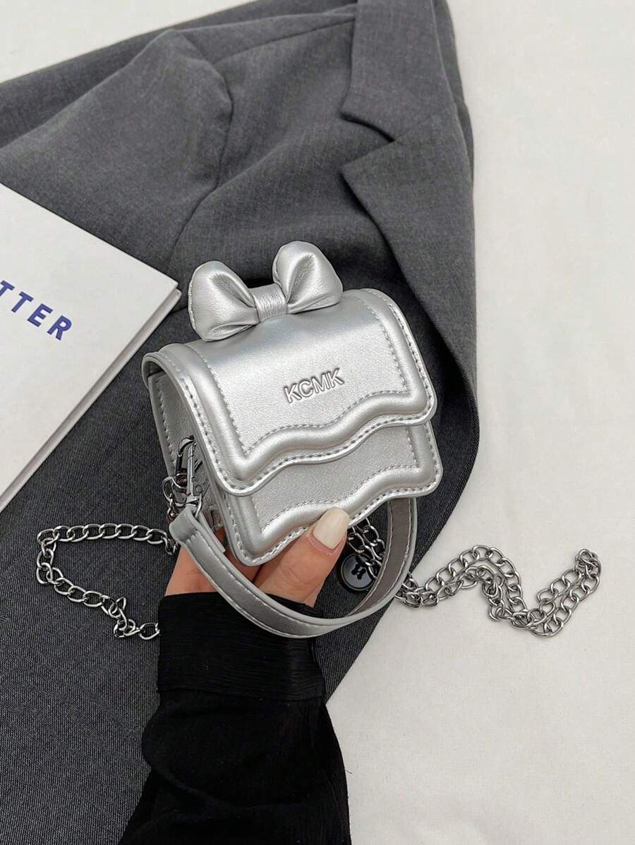 PU 材质纯色蝴蝶结装饰链条迷你手提包，可爱款式，适合儿童斜挎包 - 銀色 - 查看 1