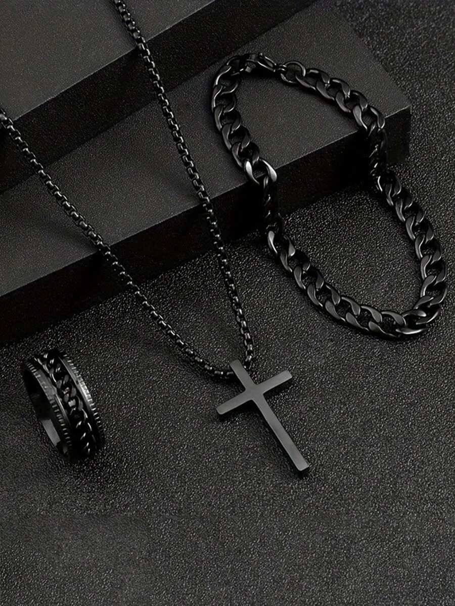 3pcs/Set Men's Hiphop Stainless Steel Chain Swivel Clasp, Pressure Resistant Ring, Bracelet, Cross Necklace - Arrow Three Piece Set - View 1