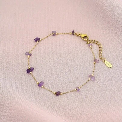 1pc 18K Gold Plated Natural Stone & Crystal Stainless Steel Women Bracelet, Gift For Holidays