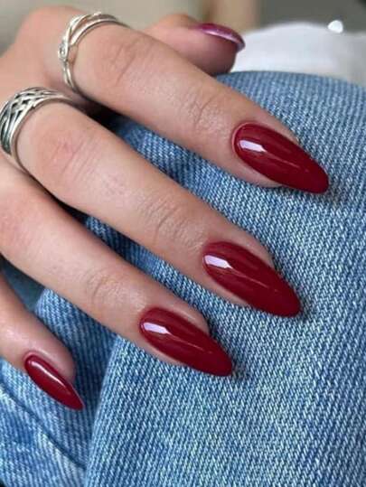 樱桃红中号杏仁形按压式美甲贴片，手工果冻软凝胶，深红色尖头甲片，酒红色Emo风格短椭圆形假指甲，可重复使用丙烯酸粘合剂美甲套装（女士美甲护理产品）美甲用品