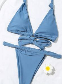 2pcs/Set Women's Sexy Ruched Lace Backless Beach Bikini For Summer Vacation - Blue - View 5