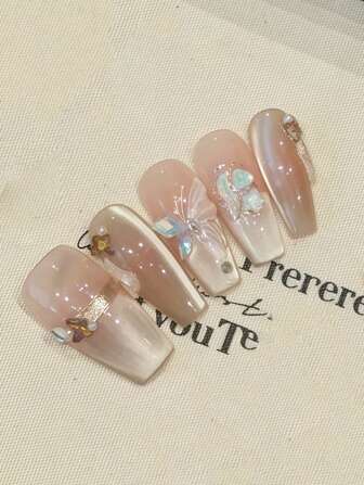 10pcs Crystal Pearl Butterfly Elegant Resin Cat Eye Luxury Detachable Nail Accessories For Autumn/Winter