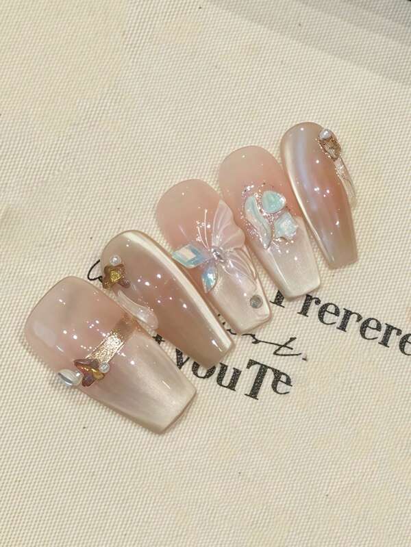 10pcs Crystal Pearl Butterfly Elegant Resin Cat Eye Luxury Detachable Nail Accessories For Autumn/Winter
