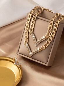 3pcs Set Alloy Chunky Chain Full Rhinestone V-Shaped Pendant Necklace, Bracelet & Ring, Luxury Retro Fashion Suit For Gift, Party, Banquet And Daily Wear
