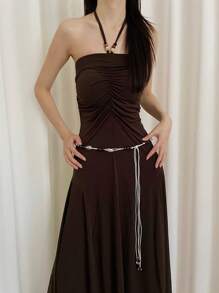 1pc Beige Women's Polyester Bohemian Style Shell & Wooden Bead Woven Belt - Beige - View 5