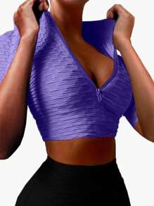 Crop Top Deportivo Licra Texturizada Con Cremallera - Morado - Ver 2