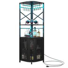 Corner Bar Cabine, 5/6-Tier Industrial Wine Cabinet With LED Strip And Glass Holder, LED Liquor Cabinet Bar Unit For Home, Corner Display Cabinet For Small Space