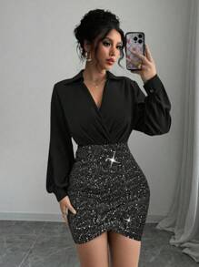 Completo da donna slim fit con vestito aderente nero goffrato, elegante abito da sera con camicia e minigonna, adatto per primavera/estate/autunno