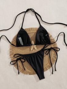 Summer Solid Color Sexy Bikini, Metal Decor 2 Pieces Swimwear, Holiday Swimwear - Black - View 4