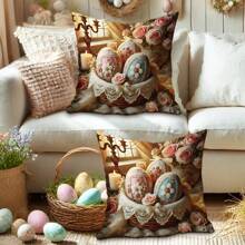 2pcs Easter Decoration Easter Eggs Rose Floral Velvet Throw Pillow Covers Vintage Gorgeous Pink Blue Cosy Soft Decorative Pillowcases One Sided Printing For Spring Living Room Bedroom Sofa Bed Decor Without Pillow Inserts - Pink - View 3