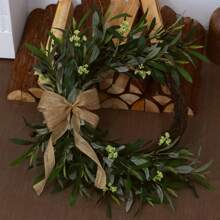 1 Peça Grinalda de Azeitona Verde Artificial com Flores Brancas e Fita - Perfeito para Decoração Rústica Interna/Externa, Parede ou Janela, Ótimo para Casa, Festivais, Decorações de Casamento