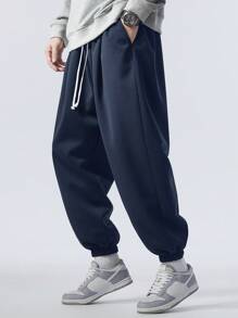 Plus Size Men's Loose Drawstring Waist Spring Sweatpants - Blue - View 5
