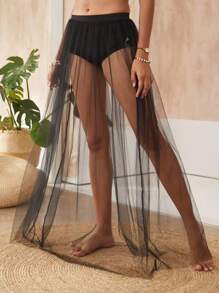 1pc Women's 2025 New Arrival Elegant Long Dress, Sexy Sheer Mesh Skirt - Black - View 2