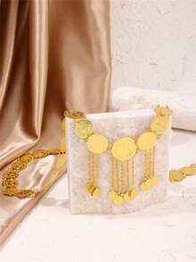 1pc Gold Tone Coin Shaped Alloy Bride Waist Chain, Exquisite Tassel Design, Saudi Arabian Style Fashion Waist Belt For Wedding, Party, Holiday