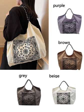 时尚日式刺绣帆布手提包 大容量链条肩带女士单肩包 轻便通勤包 可折叠尼龙碎花包