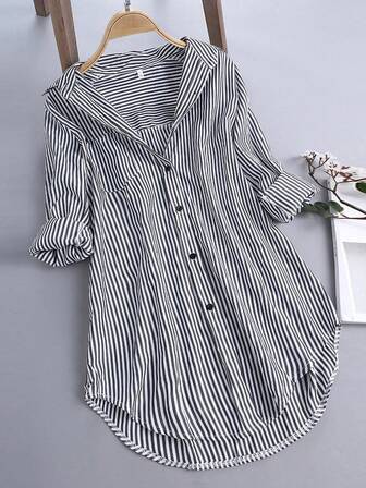 Women Striped Long Sleeve Button-Down Casual Shirt