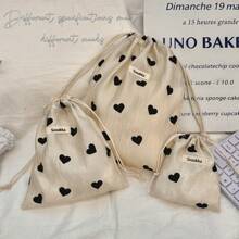 1pc Mini Drawstring Storage Bag, Black Heart Pattern, Fabric Organizer For Miscellaneous Items And Small Objects, Portable Toiletry Bag, Lightweight Foldable Design,Makeup Bag,Travel Essential - Champagne - View 2