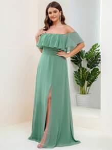EVERPRETTY Vestido formal de dama de honor con hombros descubiertos y abertura en el muslo para tallas grandes - Verde - Ver 3