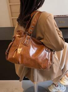 1 件复古大容量手提包，复古 PU 单肩斜挎包，女士休闲手提包和钱包 - 棕色 - 查看 9