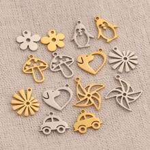 Juego de 7 colgantes de flor, seta y pingüino pulidos y huecos de acero inoxidable dorado para hacer collares, pulseras y llaveros de joyería DIY