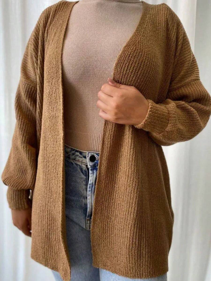 Women's Basic Knitting Mousse Puff Sleeve Cardigan - 駝色 - 查看 1
