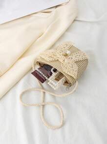 1 件儿童可爱珍珠纱布蝴蝶结草编包单肩包斜挎包 - 彩色 - 查看 11