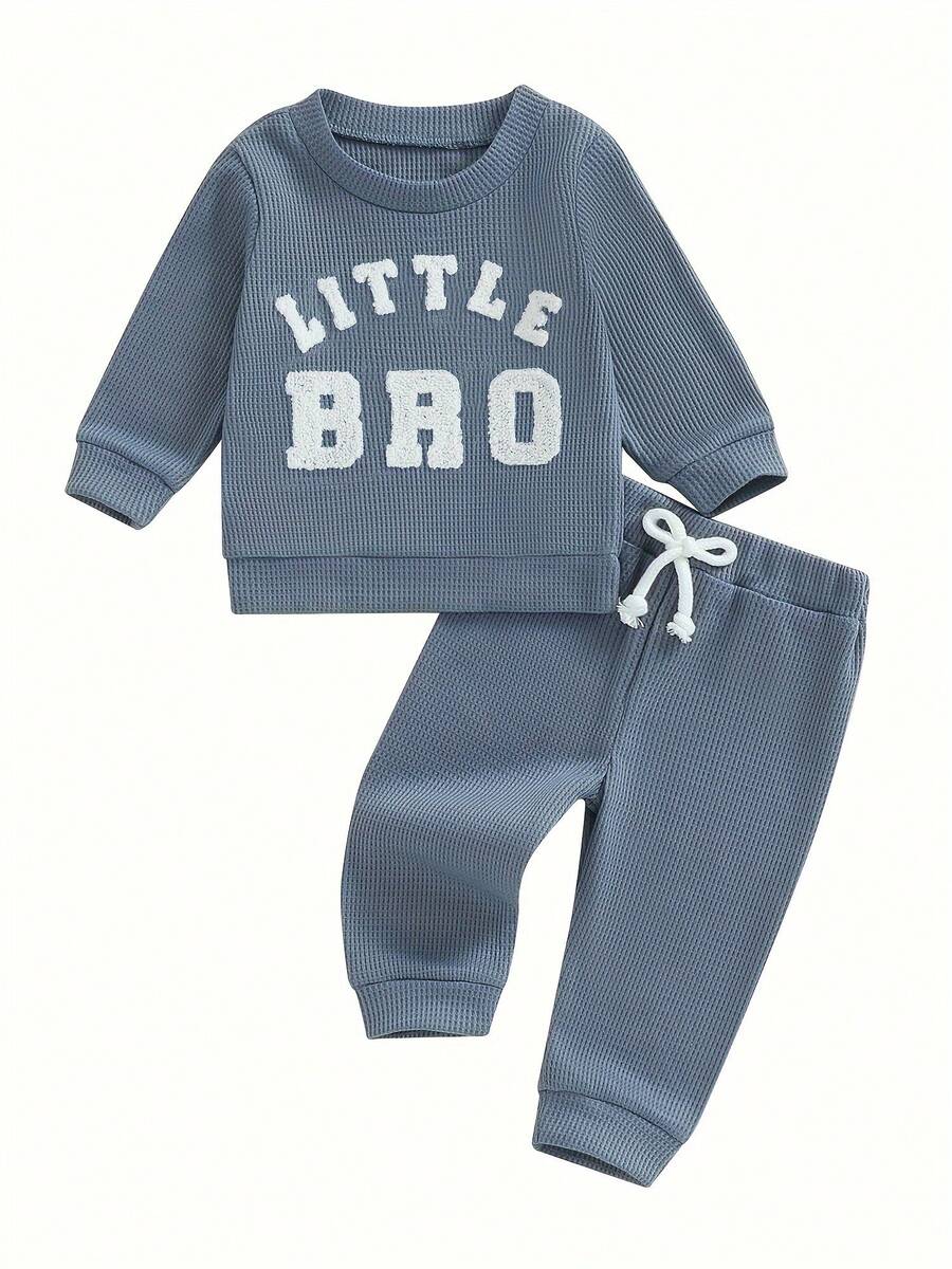 Toddler Boy Waffle Pants Set Letter Embroidered Long Sleeve Cute Sweatshirt Drawstring Pants Outfits