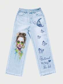 Lyandra Women's Versatile Wide Leg Casual Printed Straight Relaxed Fit Jeans - Light Wash - View 7