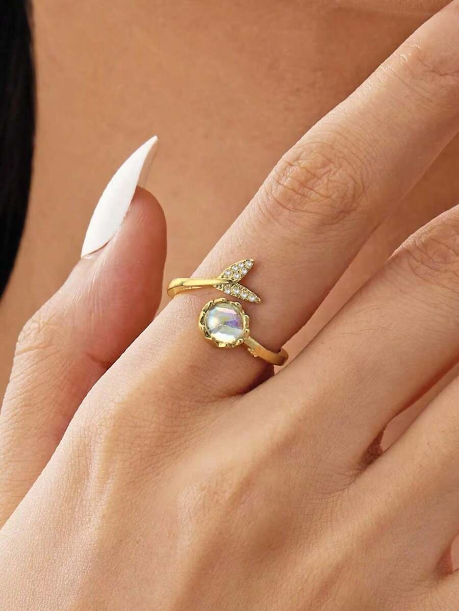 1 Peça Anel Aberto de Fishtail com Zircônia Cúbica e Opala da Moda para Mulheres, Cor Dourada, Anel Geométrico de Aço Inoxidável, Presente de Jóia para Festa de Praia de Verão