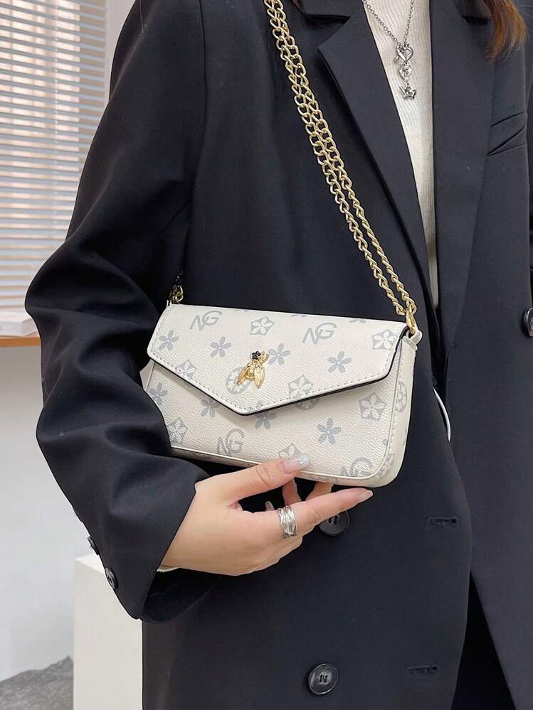 Bolso bandolera de metal con correa de cadena, minimalista y versátil de estilo vintage - Blanco - Añade 4