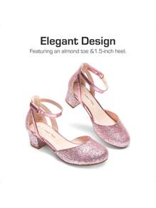 Girls Dress Shoes Closed Toe High Heels Ankle Strap Toddler Little Big Kid Wedding Flower Party Pump - 粉色 - 查看 5