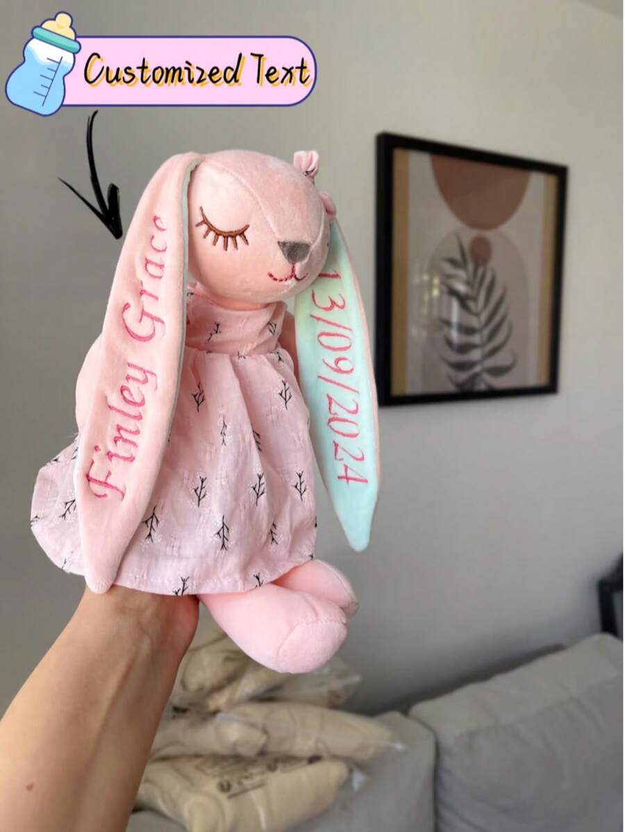 Customizable Rabbit Plush Doll With Embroidered Name Or Text On Ears, Soft Bunny Stuffed Animal Wearing Dress, Decorative Rabbit Plushie For Anniversary Birthday Baby Shower