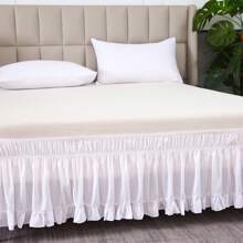 1pc Ruffle Hem Dual Elastic Waistband Bed Skirt, Soft Bed Cover, White + White Ruffle Edge Elastic Bed Skirt, Fits Bedroom, Guest Room, Dorm, Hotel Bedding Decoration