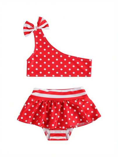 Girls Polka Dot Swimsuit Set Fashion Bow One-Shoulder Sleeveless Top And Skirt Stitching Swim Shorts