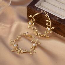 波西米亚风时尚耳环，简约叶子和仿珍珠环状耳环，镀金女士珠宝，适合晚装和休闲装 - 簡約葉花人造珍珠圓環耳環 - 查看 4