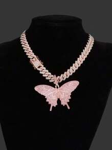 Fashion Crystal Pink Butterfly Pendant & Punk Spiked Cuban Link Chain Necklace Set, Unisex Party / Gift Decorative Box Included