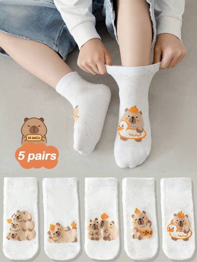 5 أزواج من جوارب الركبة المتوسطة ذات نمط الكابيبارا الكرتوني الظريف للأطفال في فصلي الربيع والصيف ، جوارب كاجوال جذابة مناسبة للبنين والبنات لارتداء اليومي