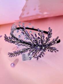 1 Piece Of Women's Fashionable Elegant Purple Crystal Wide Brimmed Headband With Elegant And Unique Leaf Design Beaded Mesh Hair Accessory, Light And Luxurious Wedding Banquet, Holiday Party, Birthday Bridesmaid Gift, Daily Leisure Commuting Accessories.