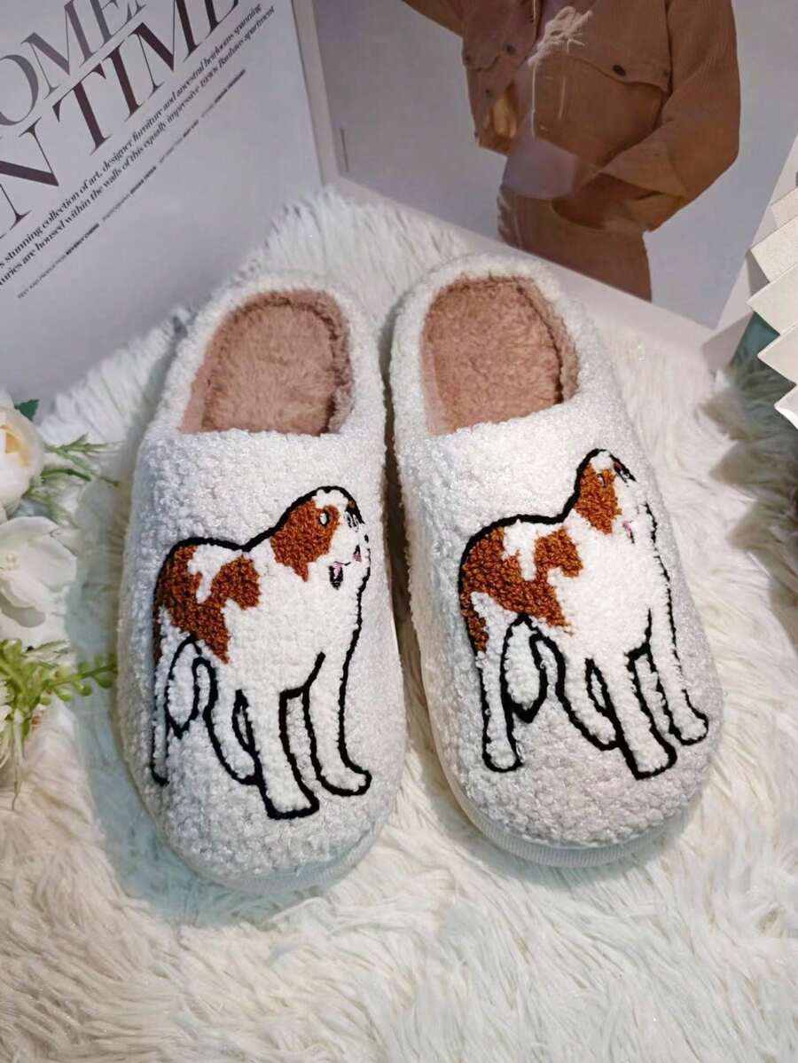 新款秋冬白色贵宾犬毛绒衬里拖鞋，平底保暖厚布情侣家居拖鞋，孕妇鞋，室内家居拖鞋 - 白色 - 查看 1