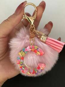Letter Initial Keychain, Cute Fluffy Ball Keyring, Can Be Hung On Bags, Backpacks, Cars, Ideal Gift For Women And Girls, Also A Wallet And Handbag Accessory. This Tassel Keychain Includes Letters A-Z, Suitable For Commuting Wear. - Pink - View 5