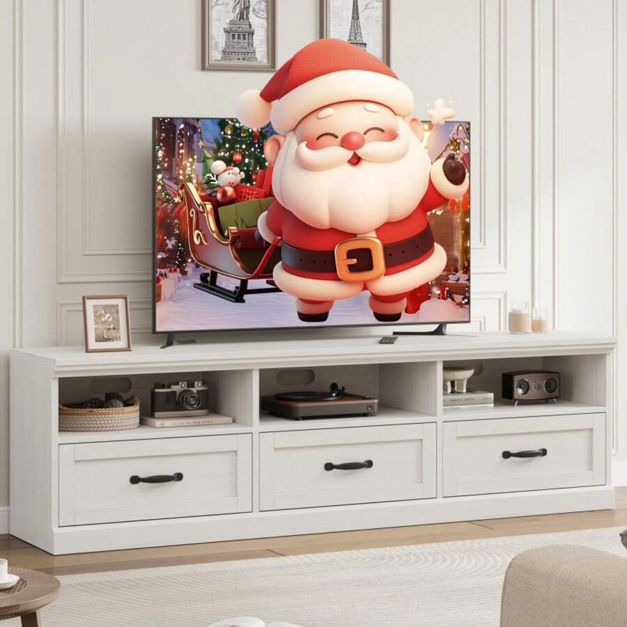 TV Stand For TVs Up To 75 Inches,Mid-Century Modern Entertainment Center With Storage Drawer,70" Media Television Console Table With Open Shelves,Wood Media Console TV Cabinet For Living Room - White - View 1