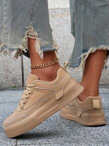 (Size Runs Small) Women's Minimalist Solid Color Patchwork Detail Front Tie Skateboard Shoes, Round Toe Platform Comfortable Casual Sneakers