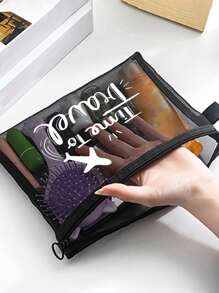 Bolsa de maquillaje con estampado de patrón de letra "Time to Travel", bolsa de almacenamiento para maquillaje y esponja de cojín, bolsa organizadora transparente, neceser de viaje, estilo de vacaciones hawaianas, bolsa de aseo, bolsas de embalaje, para vacaciones, playa, baño, dormitorio, gran capacidad