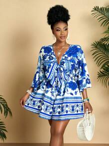 BIUBIU Plus Size Women's Casual V-Neck Loose Floral Print Flare Sleeve Jumpsuit, Suitable For Hawaiian Holiday - Blue - View 4