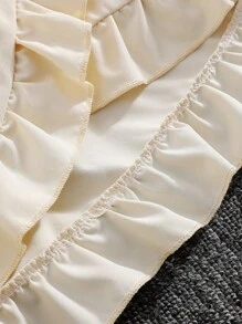 女孩优雅荷叶边领蝴蝶结拼接无袖连衣裙，百搭，适合上学和户外玩耍，夏季 - 杏色 - 查看 6