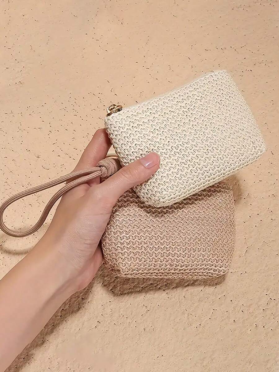 手工编织腕带，拉链开合，纯色织物零钱包，钥匙卡夹，涤纶衬里，腕带 - A - 查看 1