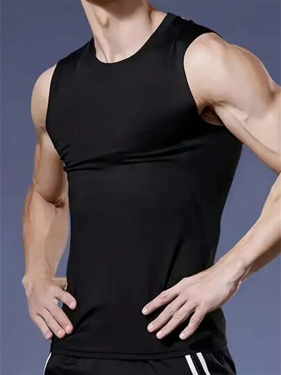Men's Athletic Fitness Sleeveless Vest, High-Stretch Knit Fabric, Solid Color, Slim Fit, Quick-Dry Workout Tank Top, Suitable For Gym, Running, Workout, Outdoor