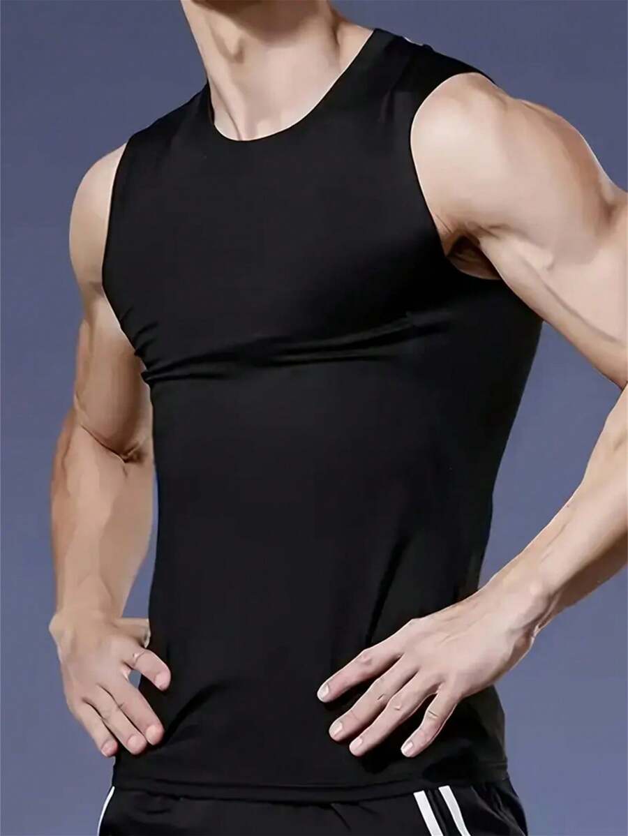 Men's Athletic Fitness Sleeveless Vest, High-Stretch Knit Fabric, Solid Color, Slim Fit, Quick-Dry Workout Tank Top, Suitable For Gym, Running, Workout, Outdoor - Black - View 1